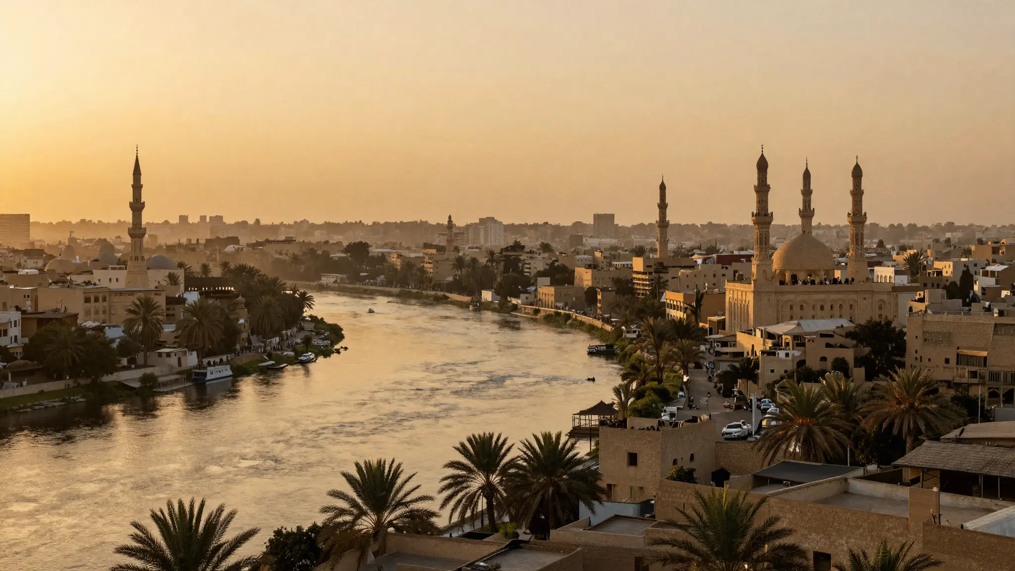 منظر بانورامي للعراق عند الغروب يُظهر نهر دجلة ومآذن تاريخية ونخيل على ضفافه في بلاد الرافدين